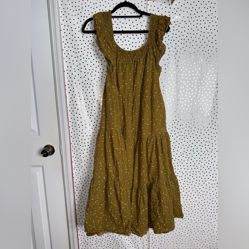 Madewell Ruffle Sleeve Tiered Midi Dress Daisy Stitch Olive